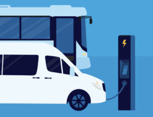 A graphic of an electric microtransit vehicle being charged